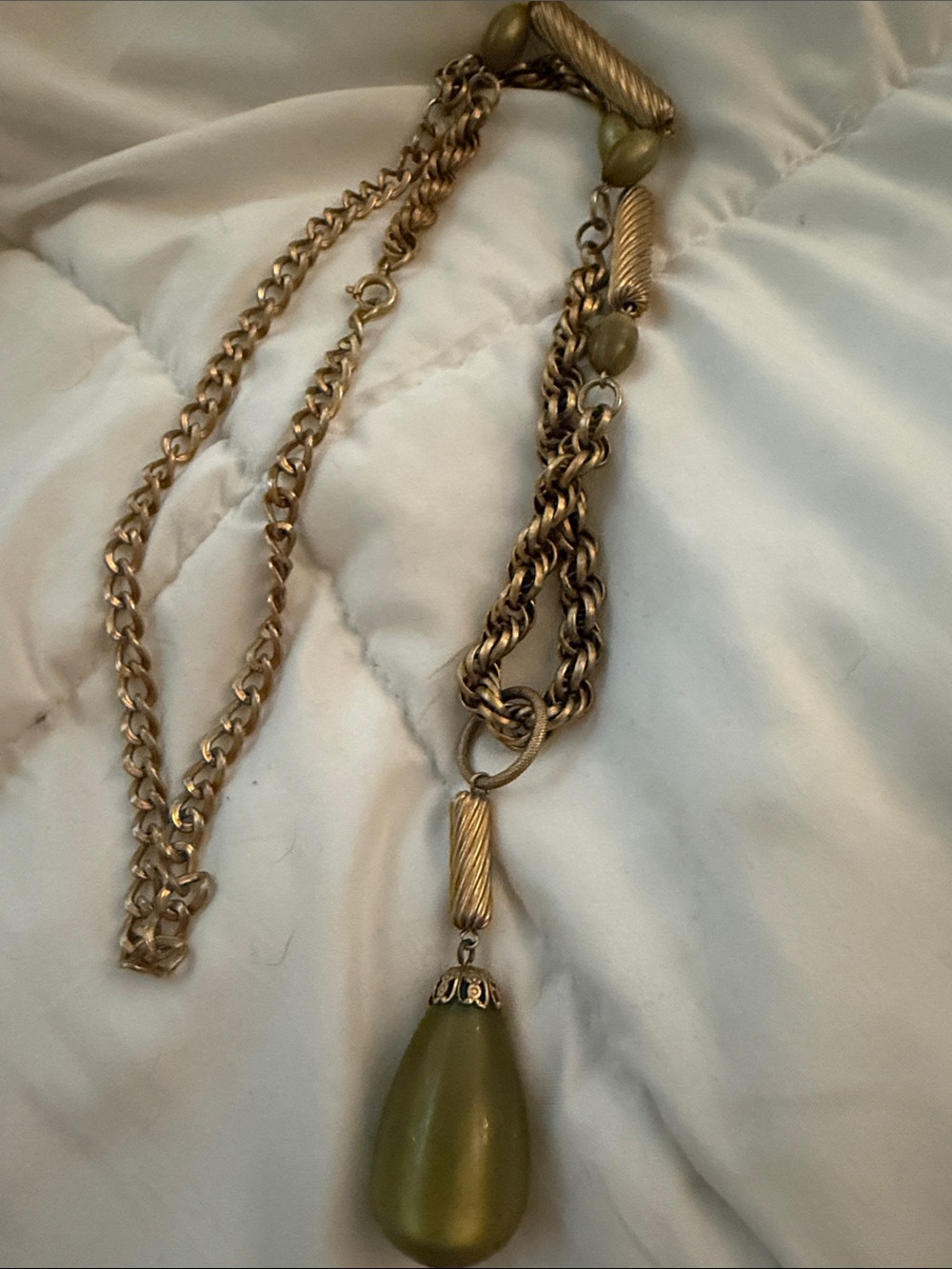 Vintage 1970s Gold-Tone Necklace with Olive Green Teardrop Pendant